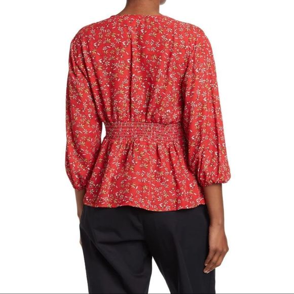 MAX STUDIO Crepe Quarter Sleeve Tie Front Blouse in RED LILY FIELDS color - Picture 2 of 3